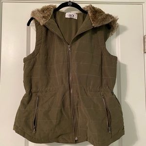 Green vest with faux fur hood